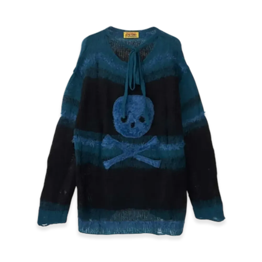 HYSTERIC GLAMOUR Skull Applique Crushed Striped Sweater "Blue"