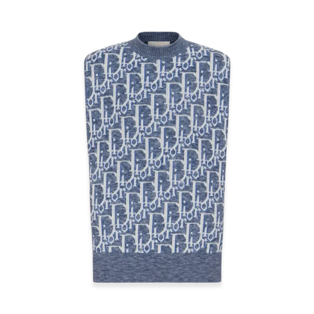 Dior Wool Jacquard Oblique Sleeveless Sweater "Blue/White"
