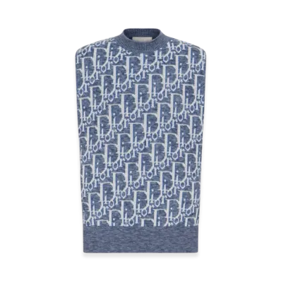 Dior Wool Jacquard Oblique Sleeveless Sweater "Blue/White"