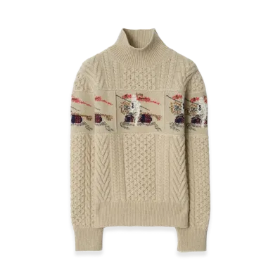 Burberry Women's EKD Aran Knit Wool Sweater "Beige Melange"