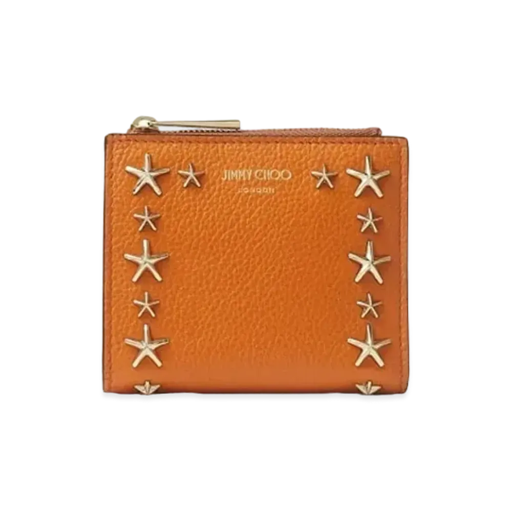 JIMMY CHOO HANNI Soft Grainy Calf Leather Wallet With Star Studs "Amber Orange"