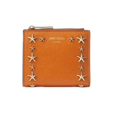 JIMMY CHOO HANNI Soft Grainy Calf Leather Wallet With Star Studs "Amber Orange"