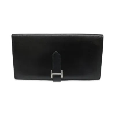 HERMES Box Calf Leather Bearn Soufflet Bicolor Wallet "Black"