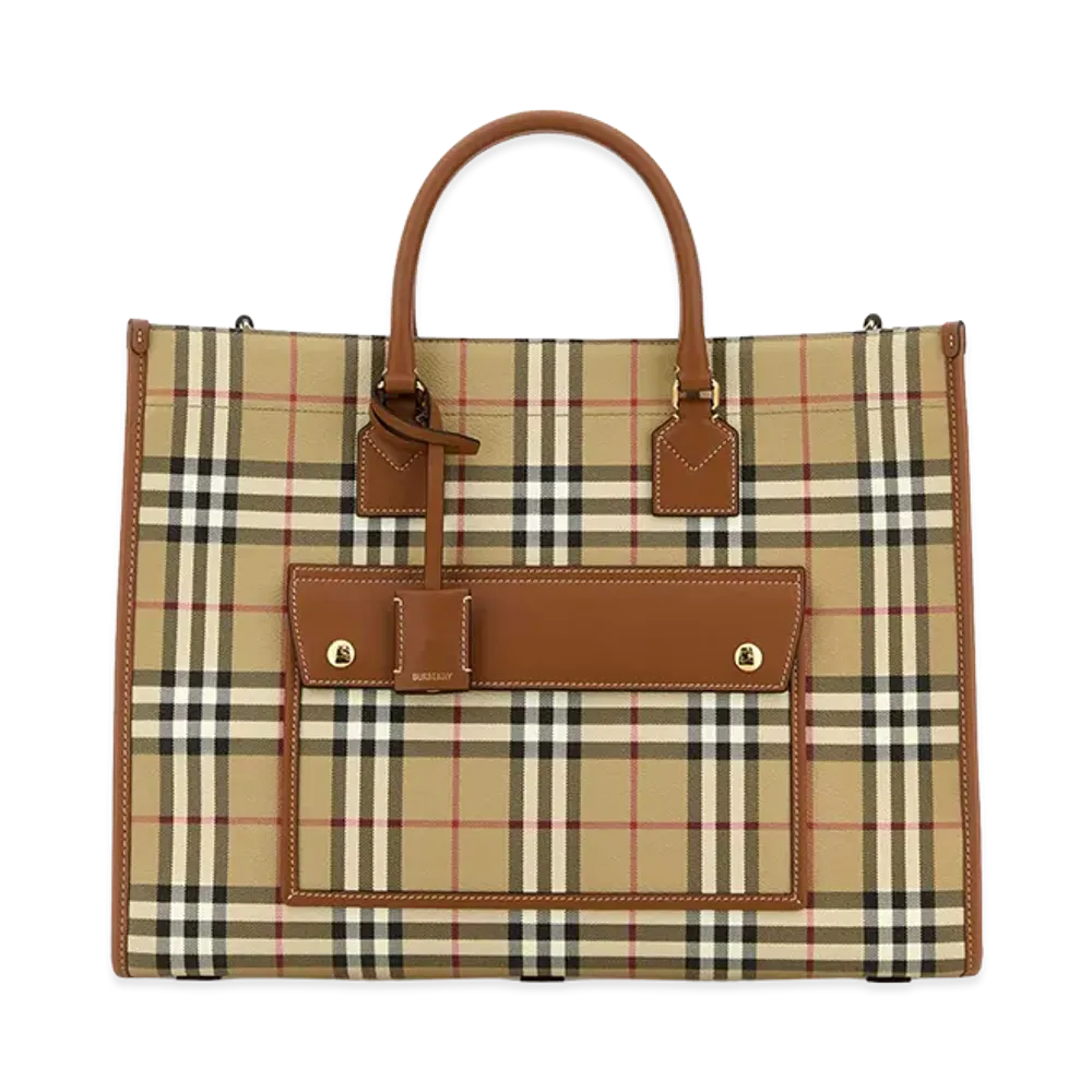 Burberry Women's Printed Canvas Medium Freya Shopping Bag "Checked"