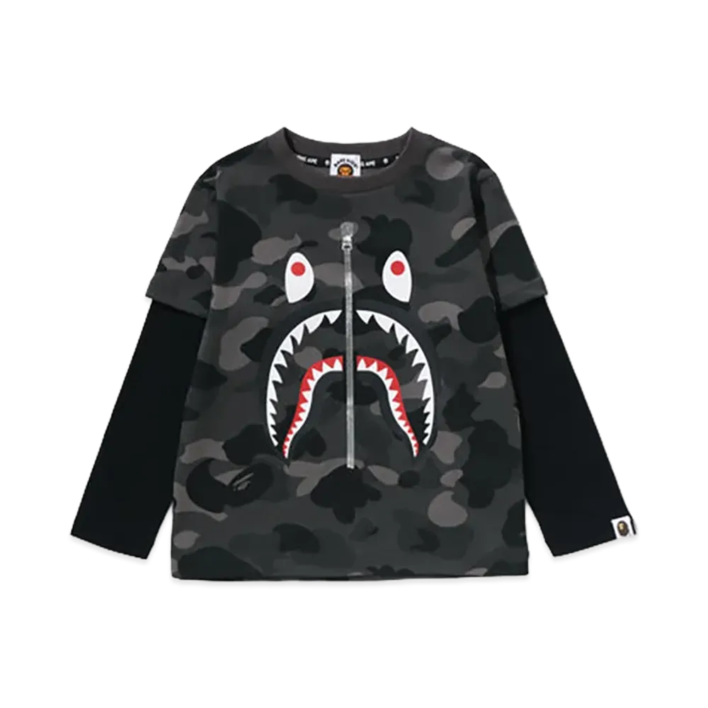A BATHING APE Kids Color Camo Shark Layered Ls Tee "Black"