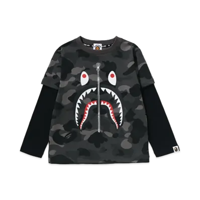 A BATHING APE Kids Color Camo Shark Layered Ls Tee "Black"