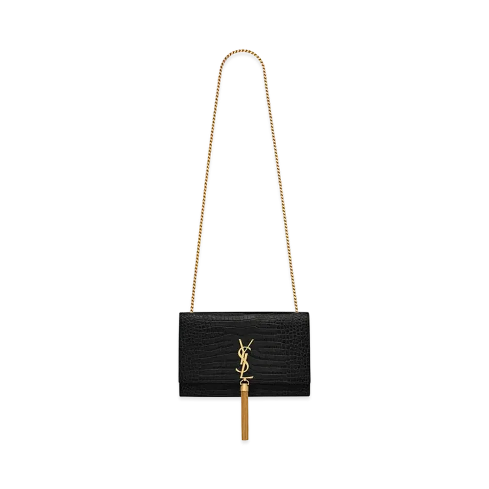 Saint Laurent Kate Medium With Tassel In Crocodile-Embossed Shiny Leather "Black"