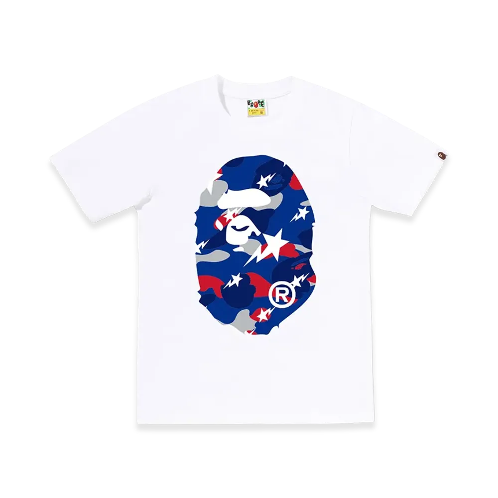 A BATHING APE Women's Sta Strike Camo Big Ape Head Tee "White/Blue"