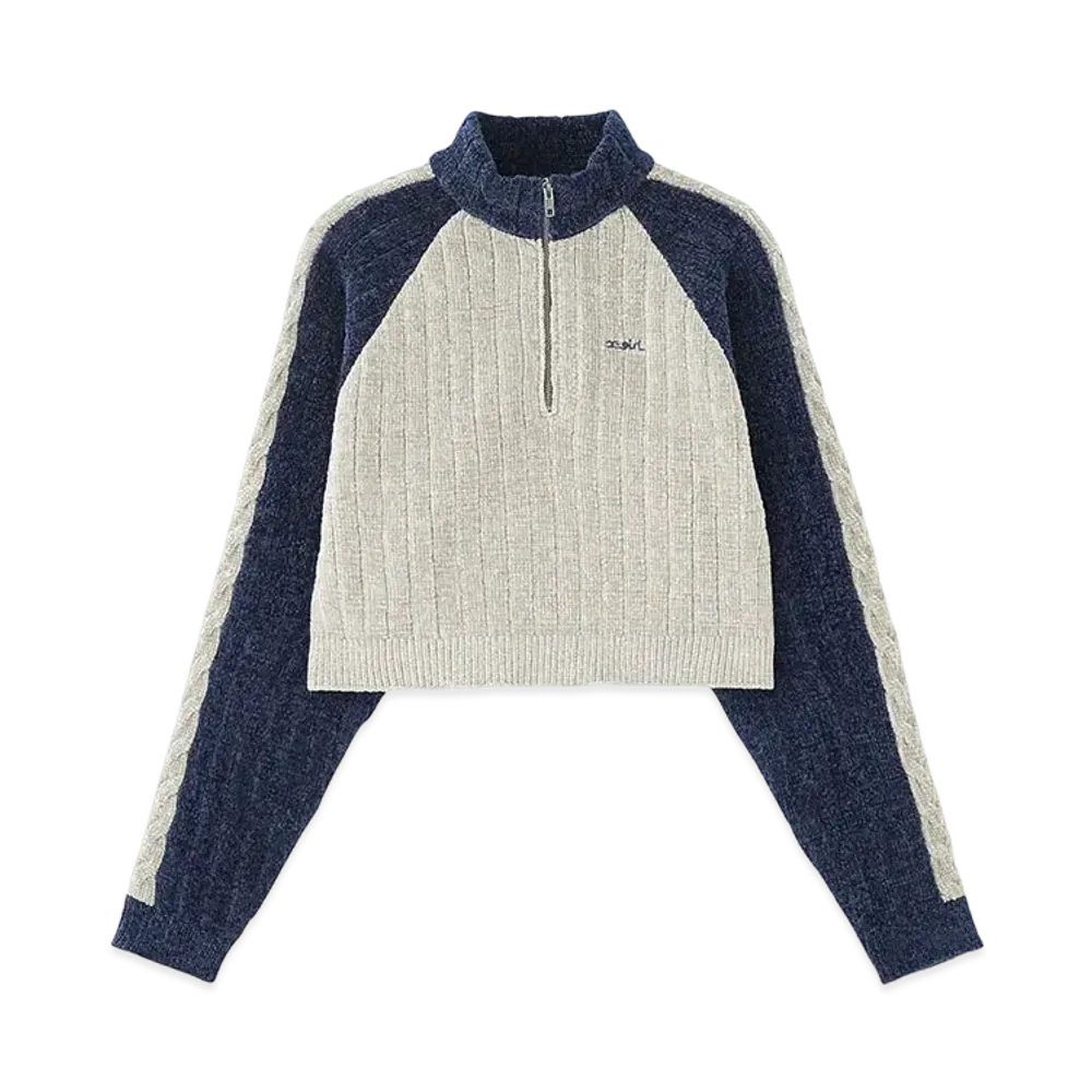 X-Girl Striped Sleeve Half Zip Knit Top "Navy"