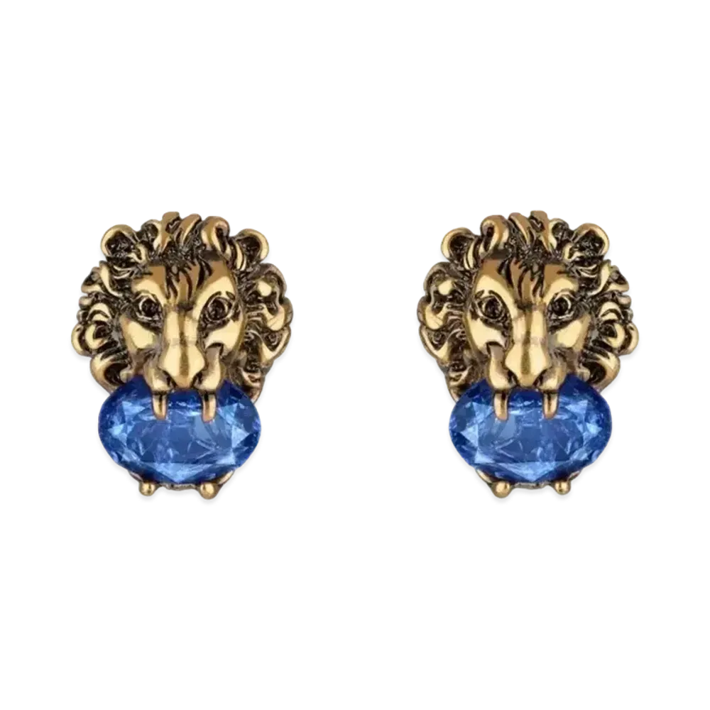 GUCCI Lion Head Earrings with Crystals "Antique Gold"