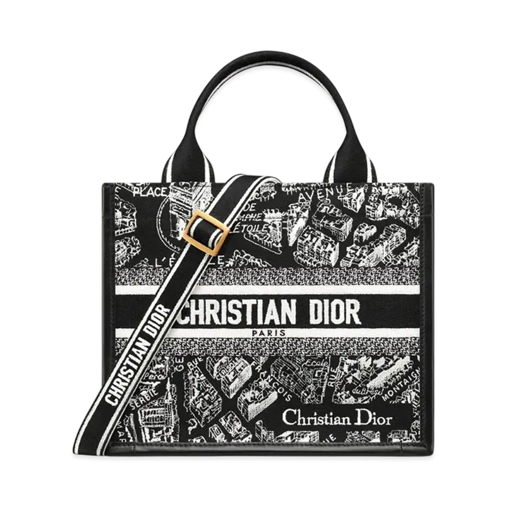 Dior Small Dior Book Tote Plan de Paris Embroidery with Calfskin (26.5 x 22 x 14 cm) "Black/White"