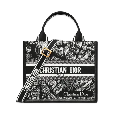 Dior Small Dior Book Tote Plan de Paris Embroidery with Calfskin (26.5 x 22 x 14 cm) "Black/White"
