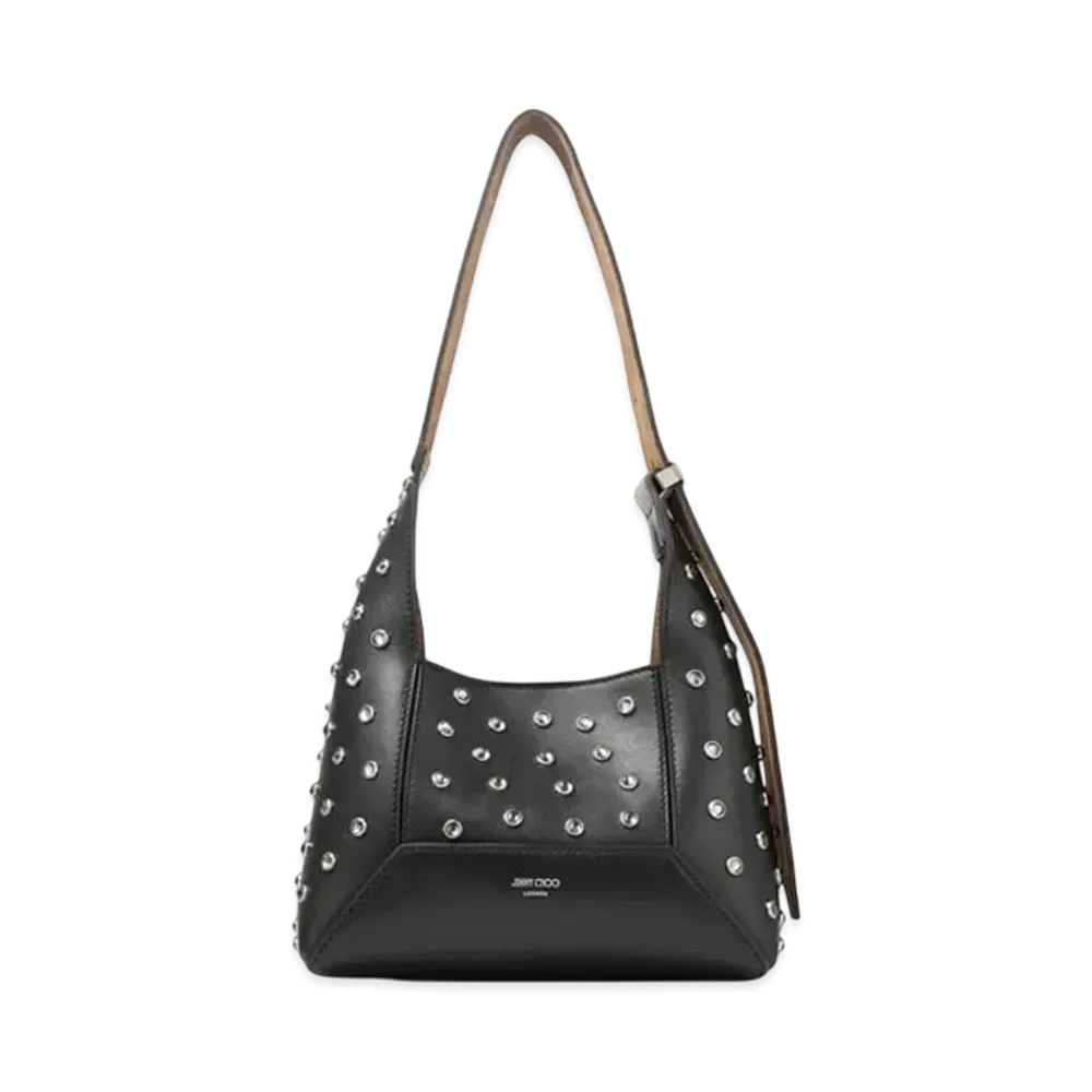 Jimmy Choo Diamond Hobo/S Leather Crystal Shoulder Bag "Black/Smoke/Antique Silver"