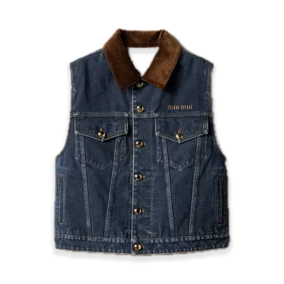 MIU MIU Flocked Denim/Velvet Vest "Navy"