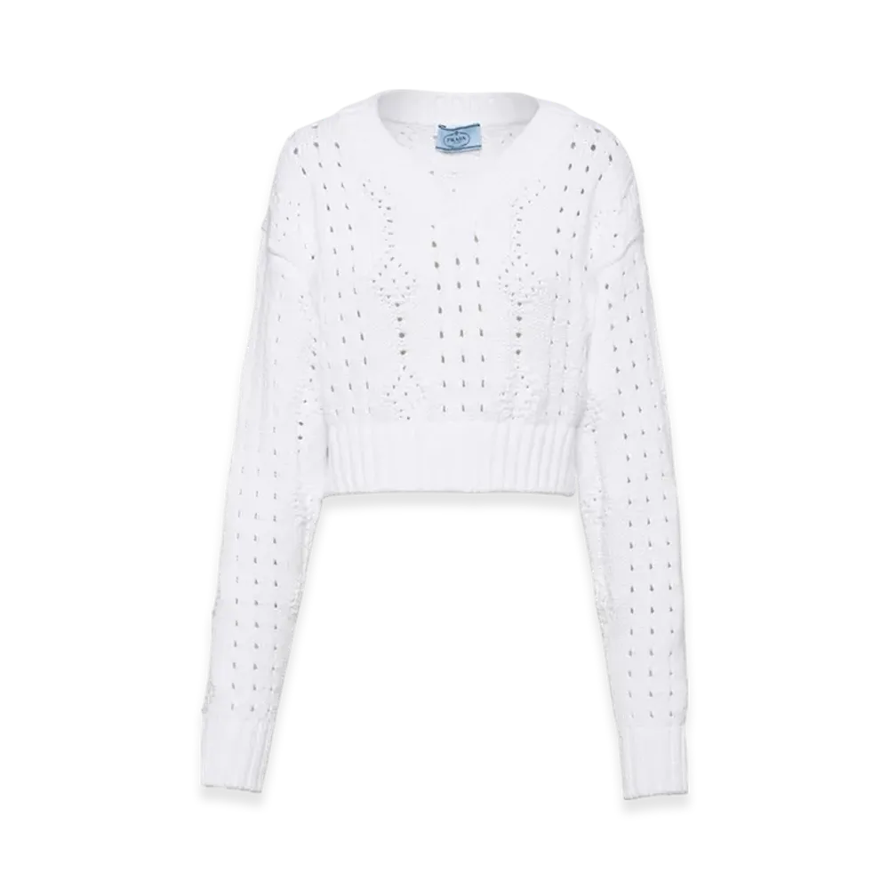 PRADA Women's Cropped V-Neck Cotton Sweater "White"
