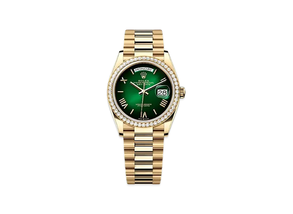 ROLEX Day-Date 36mm Yellow Gold Diamond 128348RBR "Green Ombre"
