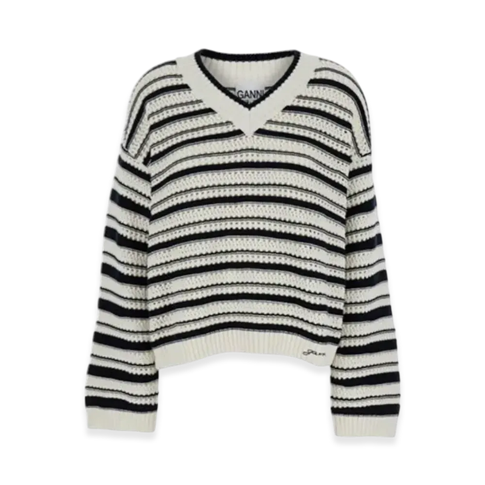 GANNI White And Black Stripe Sweater With V Neck "Multi Colour"