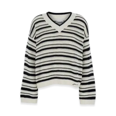 GANNI White And Black Stripe Sweater With V Neck "Multi Colour"