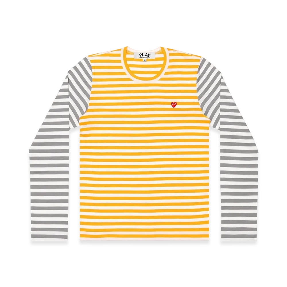 PLAY COMME des GARCONS Small Red Heart Striped L/S T-Shirt Ladies "Yellow/Gray"