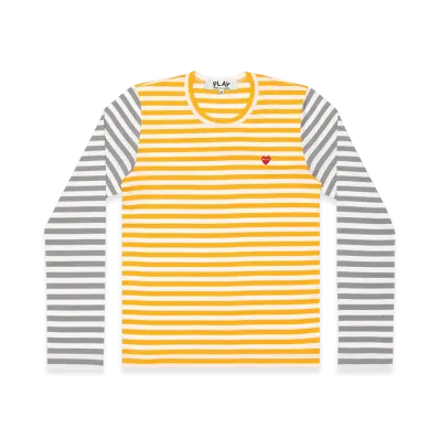 PLAY COMME des GARCONS Small Red Heart Striped L/S T-Shirt Ladies "Yellow/Gray"