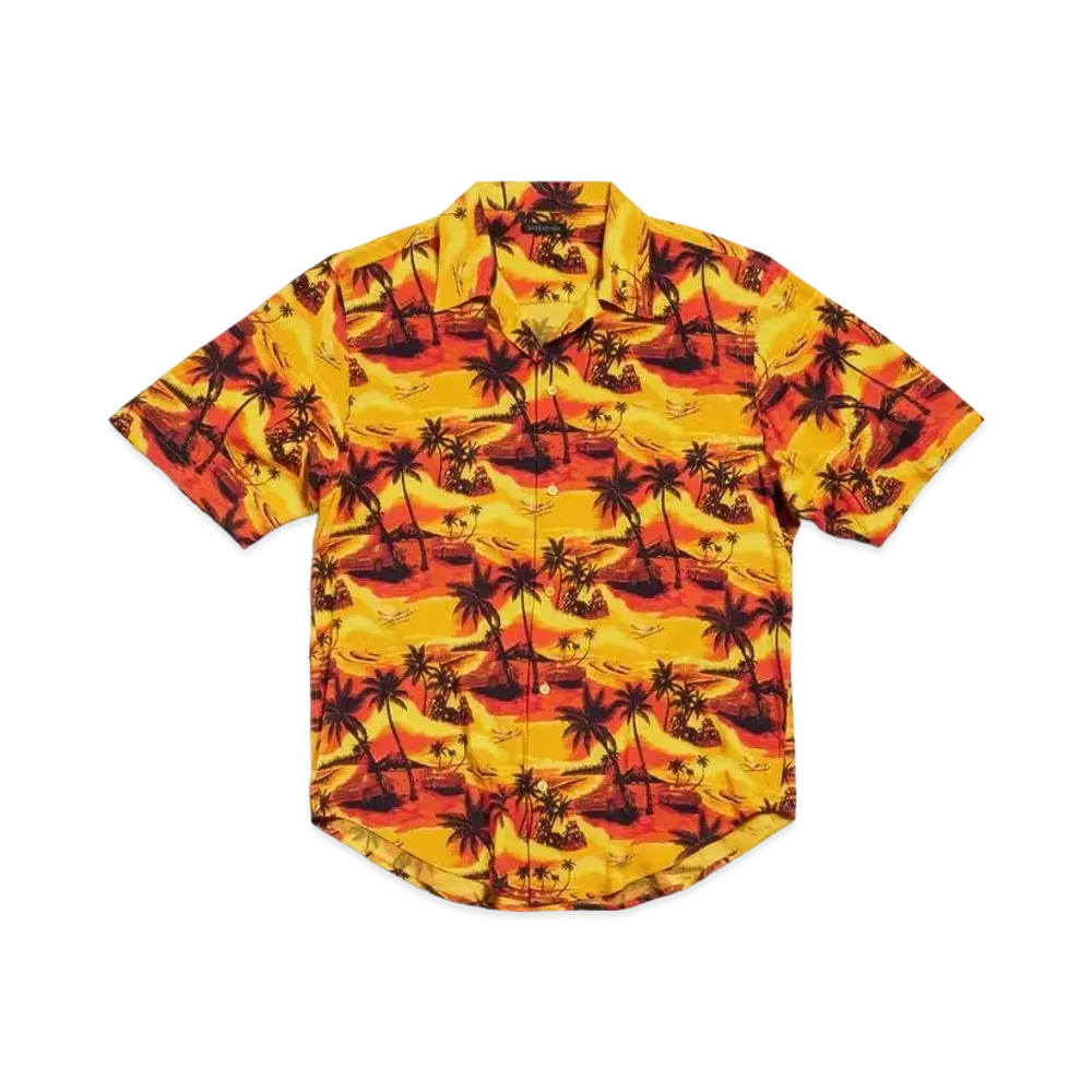 BALENCIAGA Men's Hawaiian Car Minimal Short Sleeve Shirt Large Fit in Viscose Poplin "Orange"
