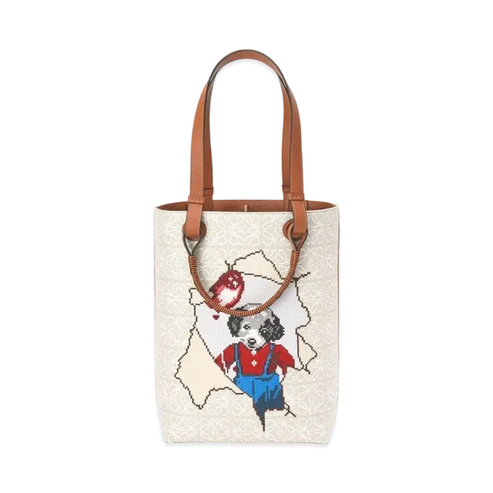 LOEWE Puppy Double Handle Vertical Tote In Jacquard And Calfskin "Ecru / White"