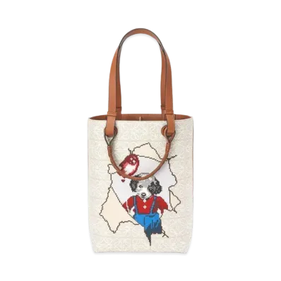 LOEWE Puppy Double Handle Vertical Tote In Jacquard And Calfskin "Ecru / White"