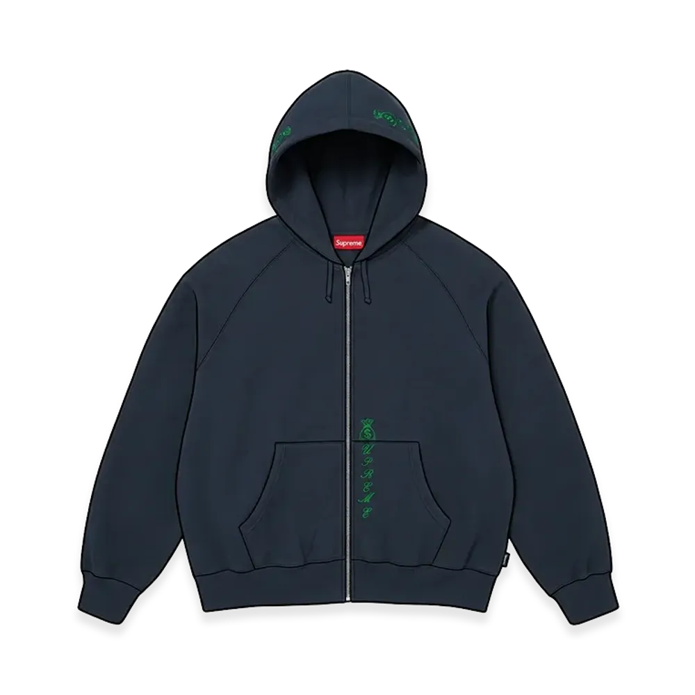 Supreme God Over Money Zip Up Hooded Sweatshirt "Navy"