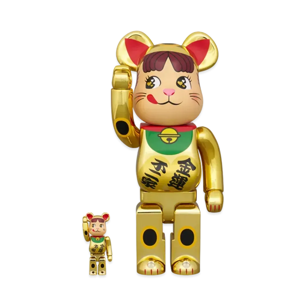 MEDICOM TOY "BEARBRICK" Lucky Cat Peko-Chan Good Luck With Money Double Oval Coin Gold Plated 100% & 400%