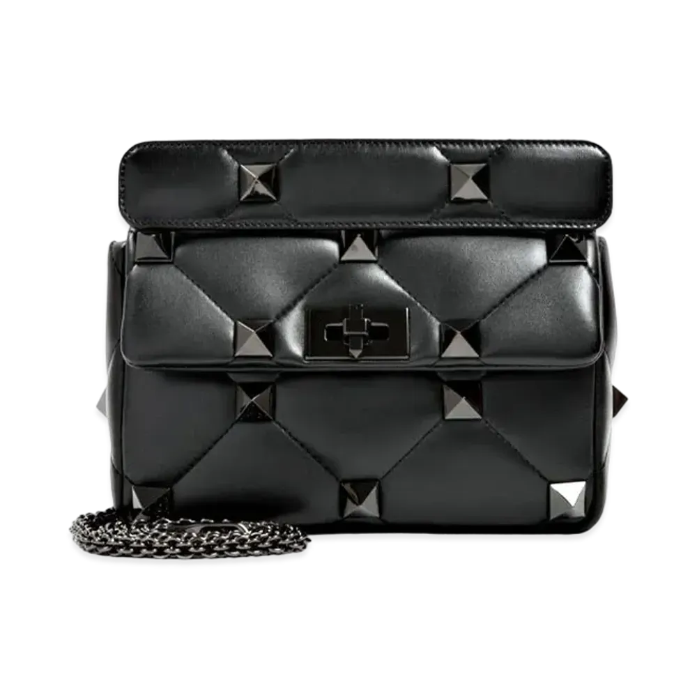 Valentino Medium Roman Stud The Shoulder Bag In Nappa With Chain And Tonal Studs "Black"