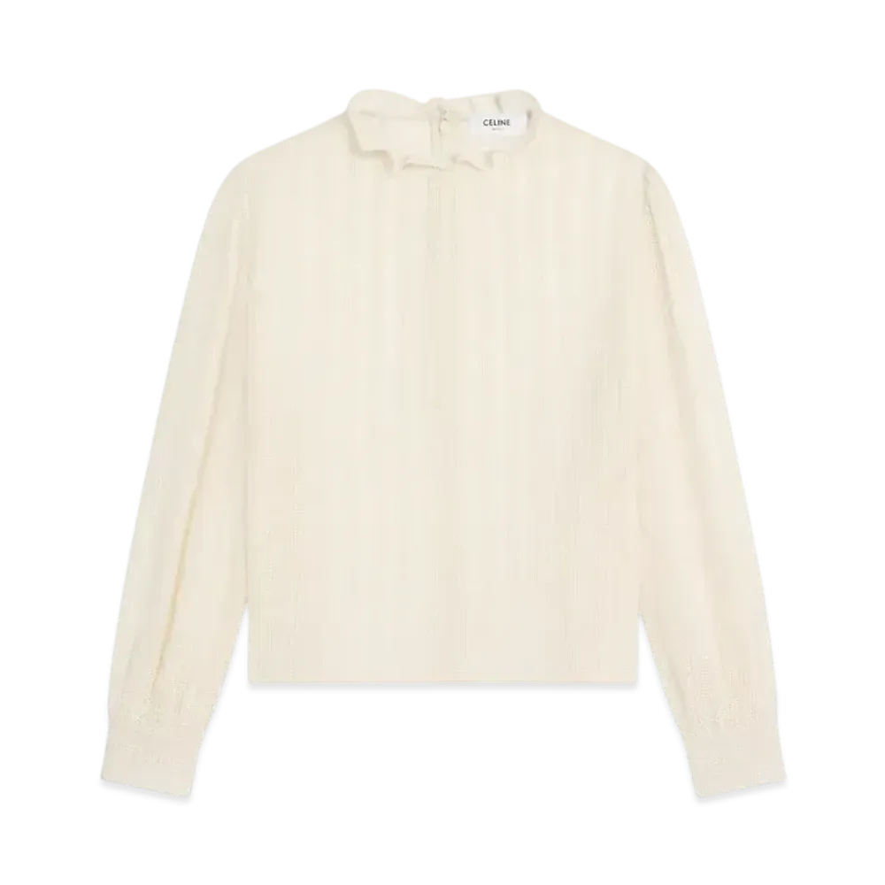 CELINE Women's Cropped Blouse in Muslin Cotton and Wool "Creme"