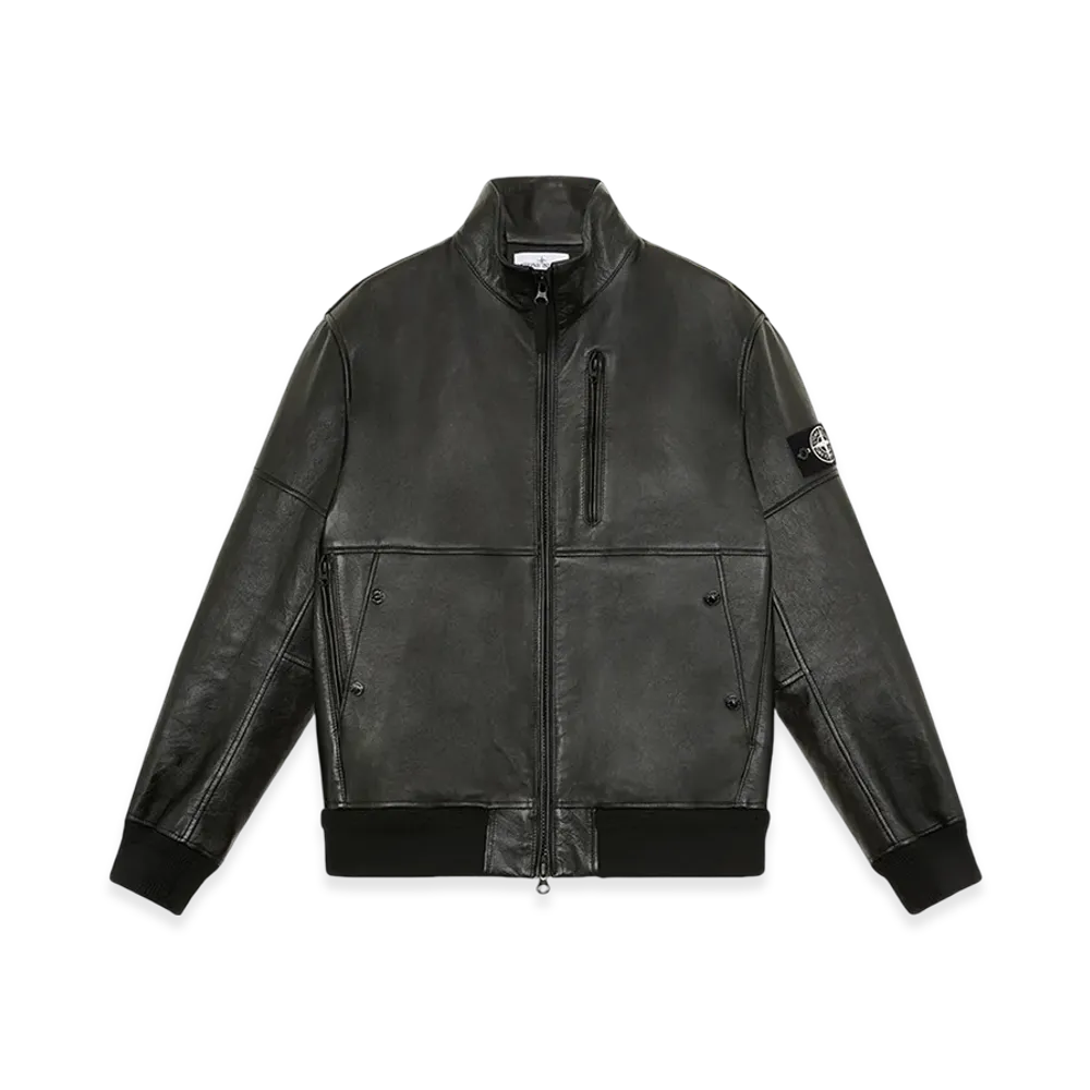 Stone Island 00398 Metal Lamina Leather Biker Jacket with Memory Features - 24FW "Black"