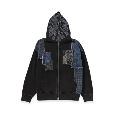 A BATHING APE Bape Black Patchwork Mad Face Boro Zip Hoodie "Black"