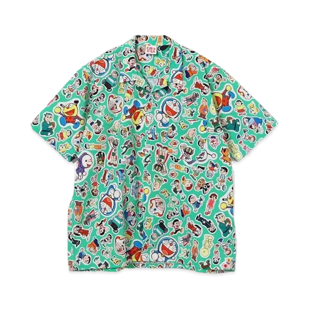 MANGART BEAMS x Fujiko F. Fujio Character Sticker Print Open Collar Shirt "Light Green"