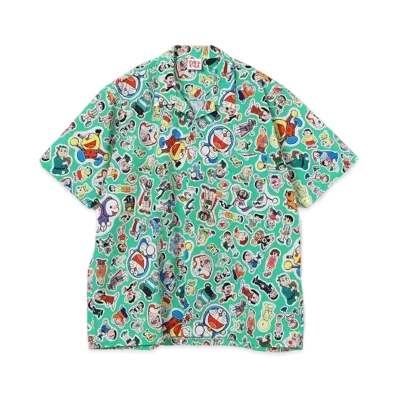 MANGART BEAMS x Fujiko F. Fujio Character Sticker Print Open Collar Shirt "Light Green"