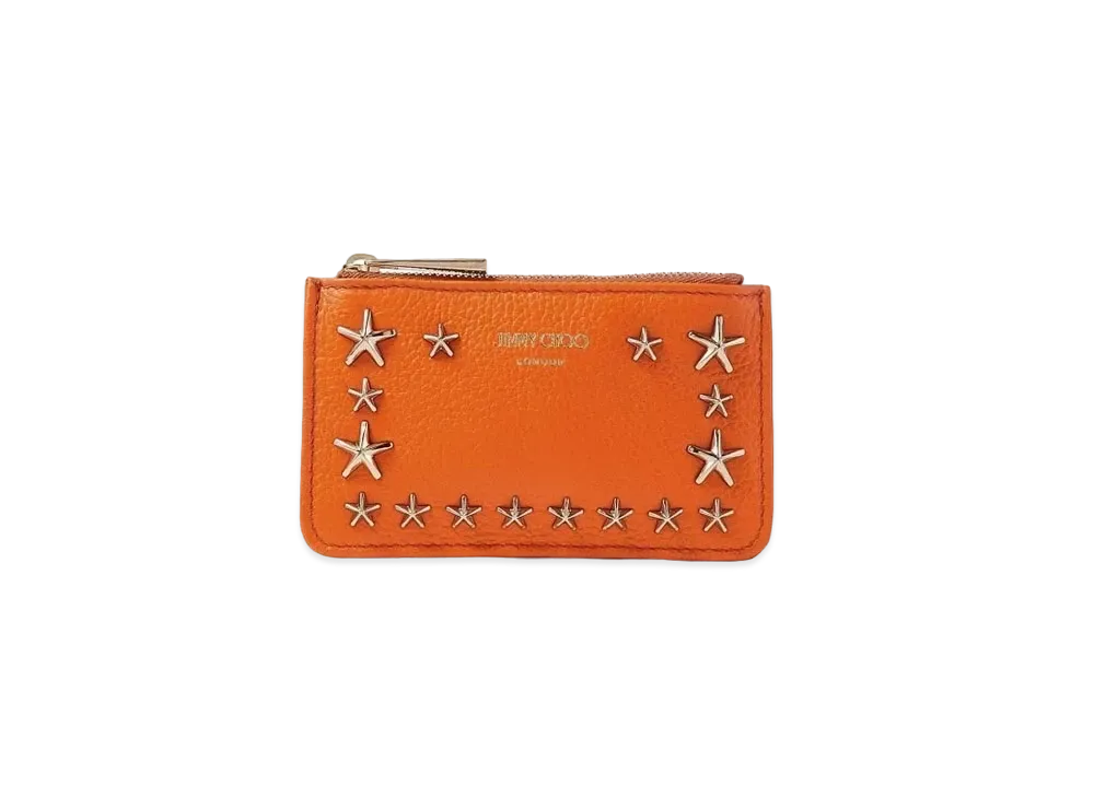 JIMMY CHOO NANCY Soft Grainy Calf Leather Key Case With Star Studs "Amber Orange"