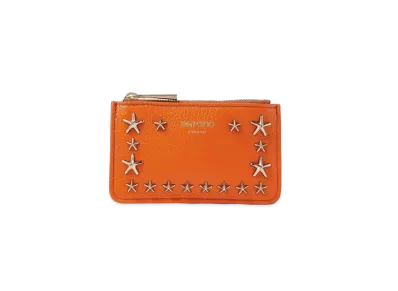 JIMMY CHOO NANCY Soft Grainy Calf Leather Key Case With Star Studs "Amber Orange"