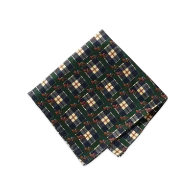 BEAMS Pocket Chief Check Horses Print "Green"