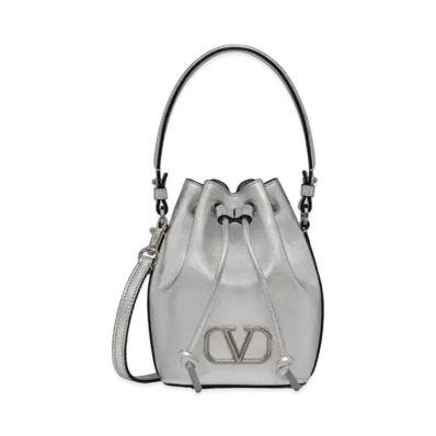 Valentino Mini Vlogo Signature Bucket Bag In Metallic Nappa Leather "Silver"