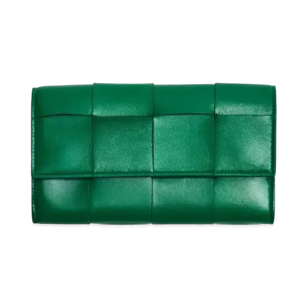 Bottega Veneta Casette Maxi Intrecciato Lambskin Calfskin Flap Zip Wallet "Racing Green"