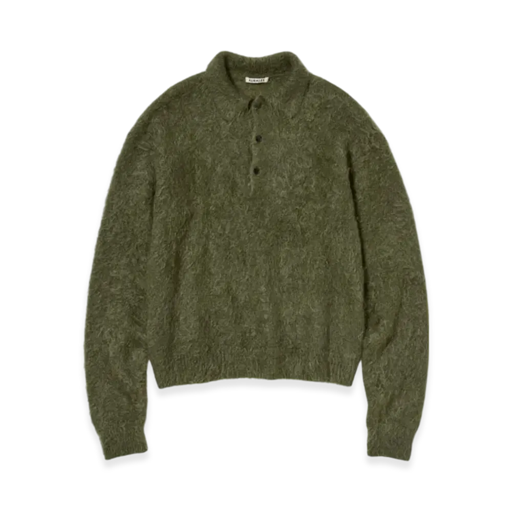 AURALEE Brushed Super Kid Mohair Knit Polo "Olive"