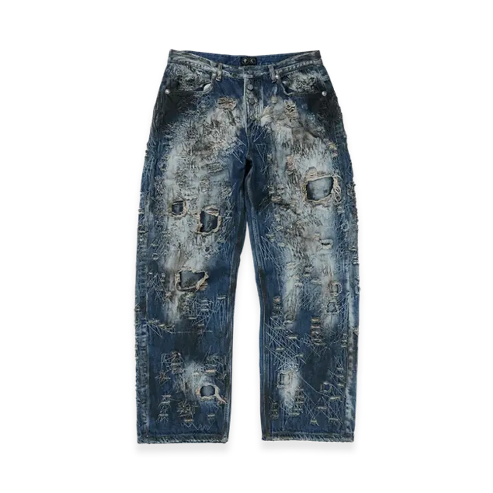 THUG CLUB Hard-Washed Damaged Denim Pants "Blue"