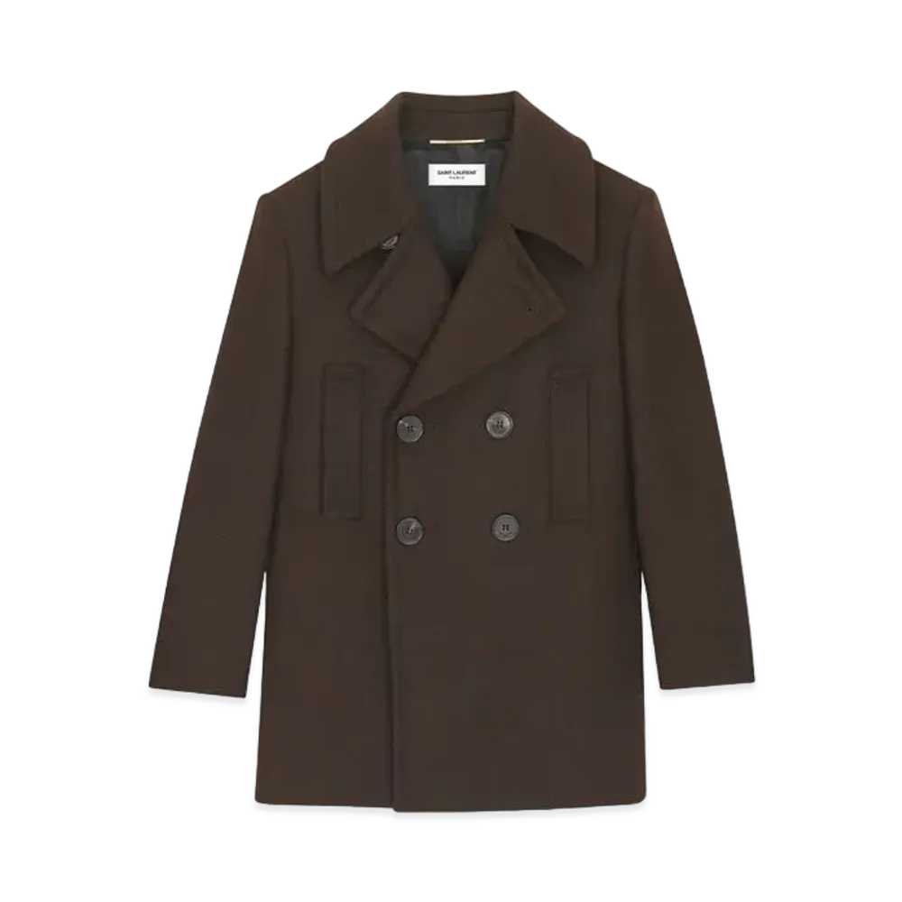 Saint Laurent Women's Double-Breasted Peacoat in Wool Gabardine "Marron Fonce"
