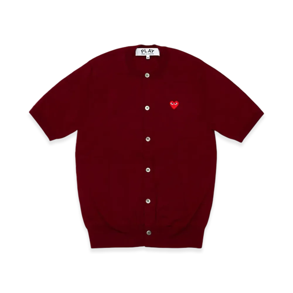 PLAY COMME des GARCONS Round Neck Short Sleeve Cardigan With Red Medium Emblem "Burgundy"