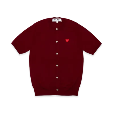 PLAY COMME des GARCONS Round Neck Short Sleeve Cardigan With Red Medium Emblem "Burgundy"