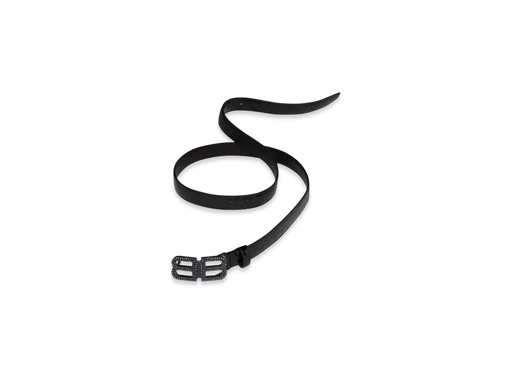 BALENCIAGA BB Hourglass Slim Belt In Crocodile Embossed With Rhinestones "Black"
