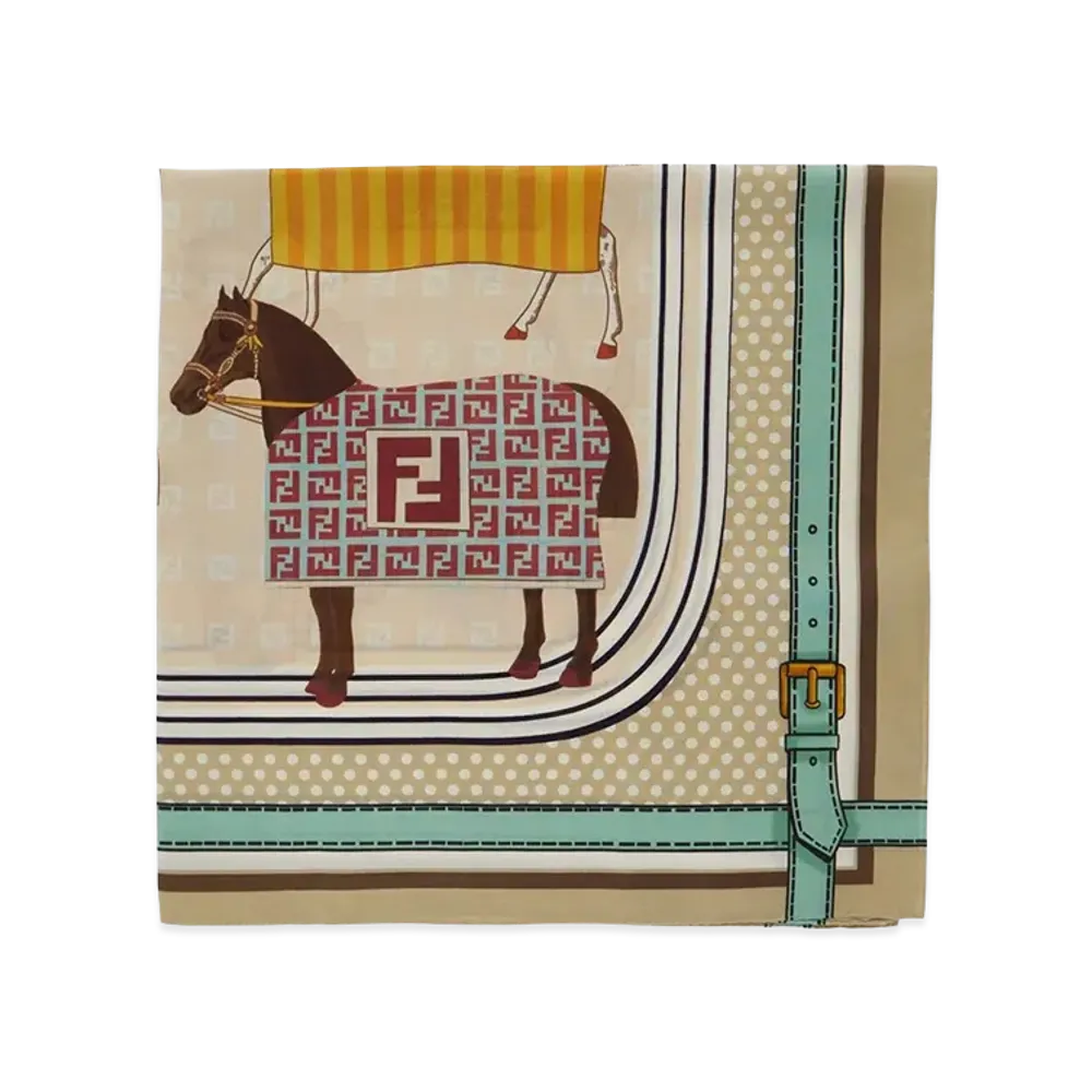 FENDI Kids Silk Blend Scarf With Horse All Over Print "Beige/Multicolor"