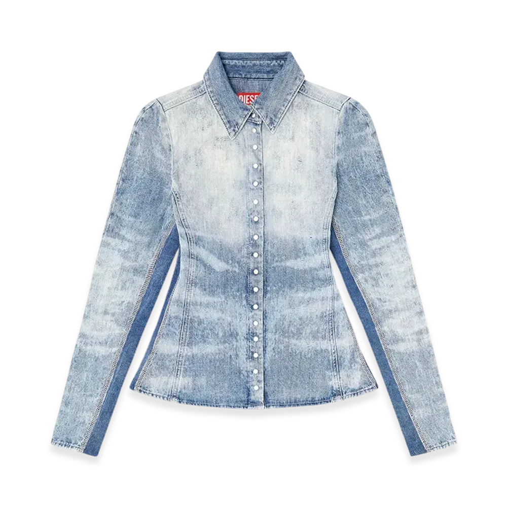 Diesel De-Masly-Fsh Shirt In Distressed Honeycomb Denim "Light Blue"