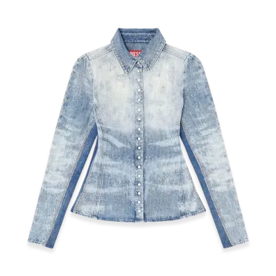Diesel De-Masly-Fsh Shirt In Distressed Honeycomb Denim "Light Blue"