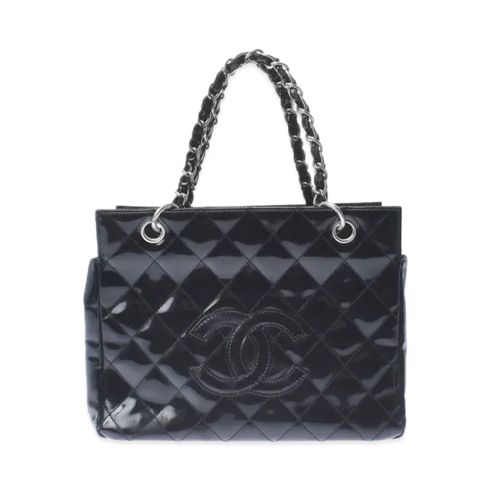 CHANEL PTT Matelasse Chain Tote Bag Patent Calfskin "Black/Silver"